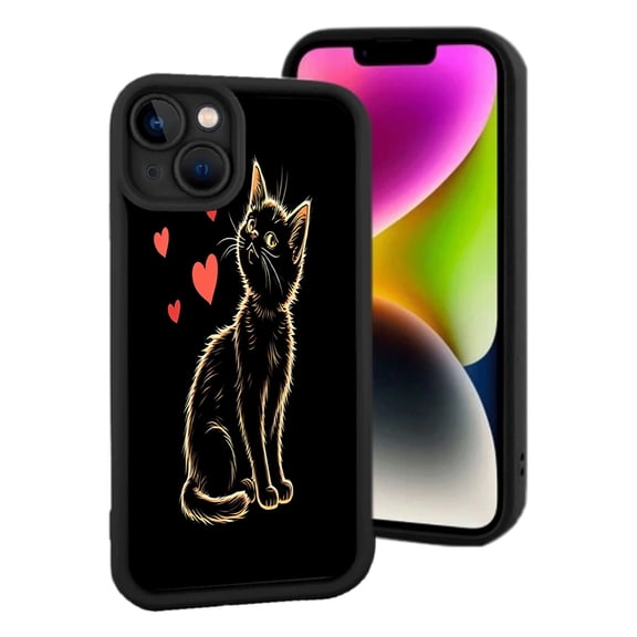 iPhone 15 Lightweight Case - Glowing Golden Cat Outline with Floating Red Hearts on Black Background Yellowing Resistant Design