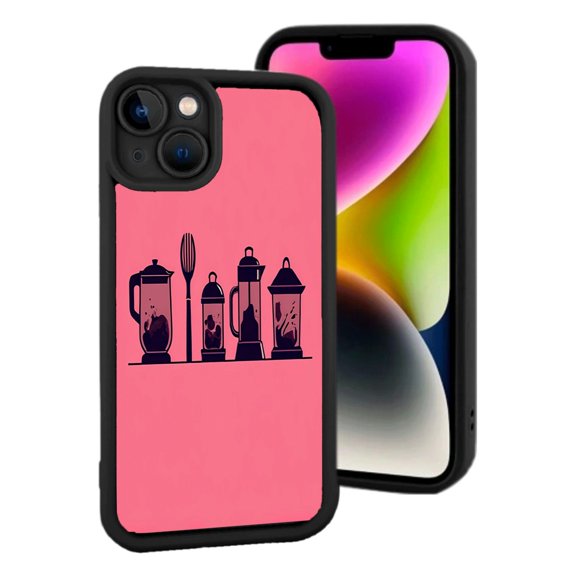 iPhone 15 Lightweight Case - Pink Background with Black Outline Featuring Dark Blue Kitchen Appliances: Whisk Coffee Maker & More