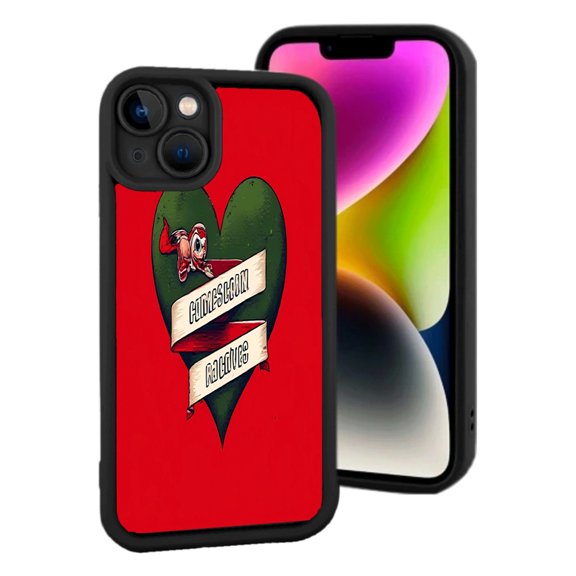 iPhone 15 Lightweight Case - Vibrant Red Background with Green Heart & Red Butterfly on Scroll ' GODGODS LOVE ' Text Yellowing Resistant