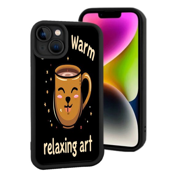 iPhone 15 Lightweight Case - Whimsical Cartoon Mug Design with Smiling Face Stars & ' Warm Relaxing Art ' - Yellowing Resistant