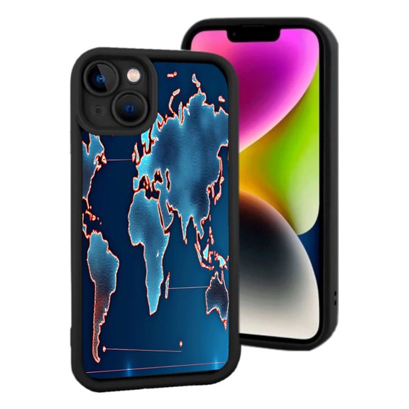 iPhone 15 Lightweight Case - World Map Design with Glowing Blue Outline Yellowing Resistant Fit Perfect for Travel Lovers