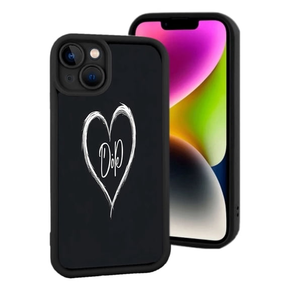 iPhone 15 Lightweight Case - Yellowing Resistant Stylish Black with White Heart & ' Dp ' Design Textured Brushstroke Style