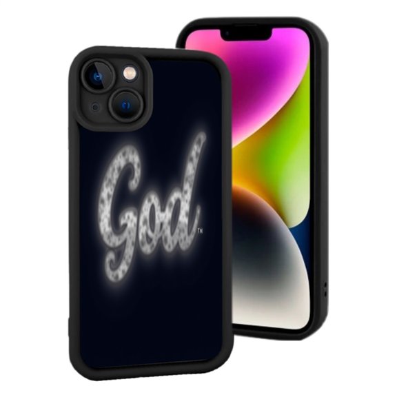 iPhone 15 Lightweight Case - Yellowing Resistant with Glowing Cursive ' God ' Design on Dark Background - Stylish & Durable