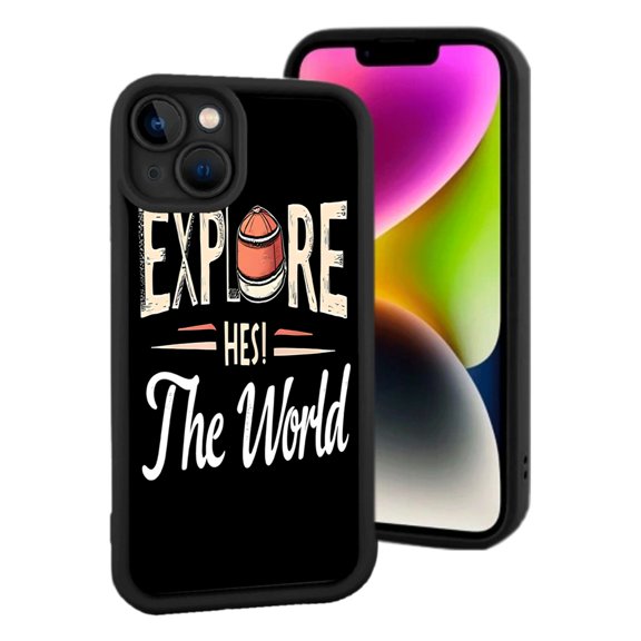 iPhone 15 Lightweight Phone Case - Black Background with ' EXPLORE ' & ' Hes: The World ' Design Football Helmet Illustration Yellowing Resistant