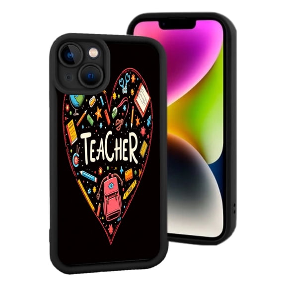 iPhone 15 Lightweight Phone Case - Black Heart Design with Red Outline Educational Items & ' TEACHER ' Text Yellowing Resistant