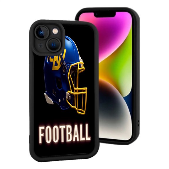 iPhone 15 Lightweight Phone Case - Blue Football Helmet Design with Yellow Accents & Bold ' FOOTBALL ' Text Yellowing Resistant
