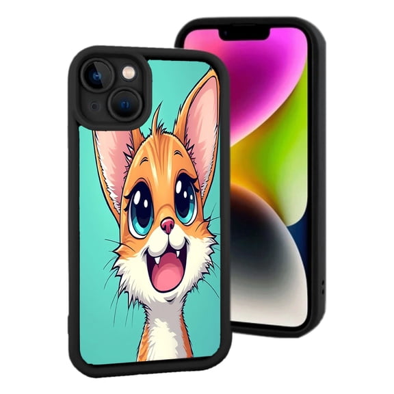 iPhone 15 Lightweight Phone Case - Cartoon Fox Design with Expressive Eyes & Smile Yellowing Resistant Black Border Turquoise Background