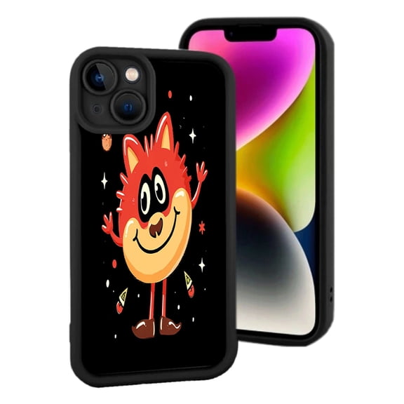iPhone 15 Lightweight Phone Case - Cartoon Fox Design with Stars Yellow - Orange Body Red Ears & Nose Black Background