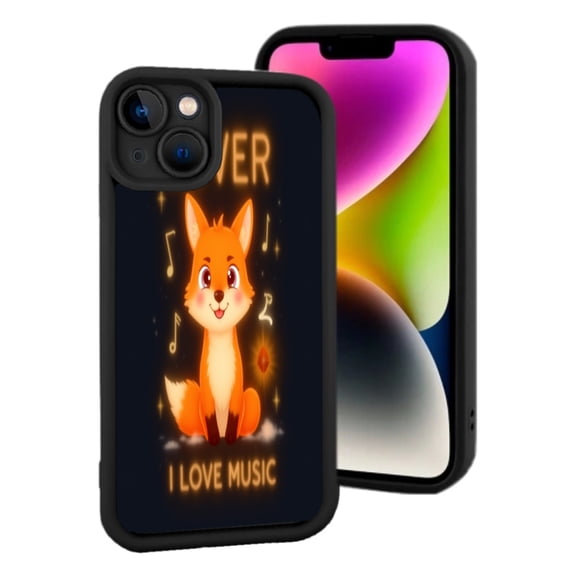 iPhone 15 Lightweight Phone Case - Cartoon Fox with Musical Notes & Sparkles Yellowing Resistant Stylish Black Border