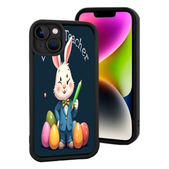 iPhone 15 Lightweight Phone Case - Cartoon Rabbit Teacher Design with Colorful Easter Eggs Yellowing Resistant Black Background
