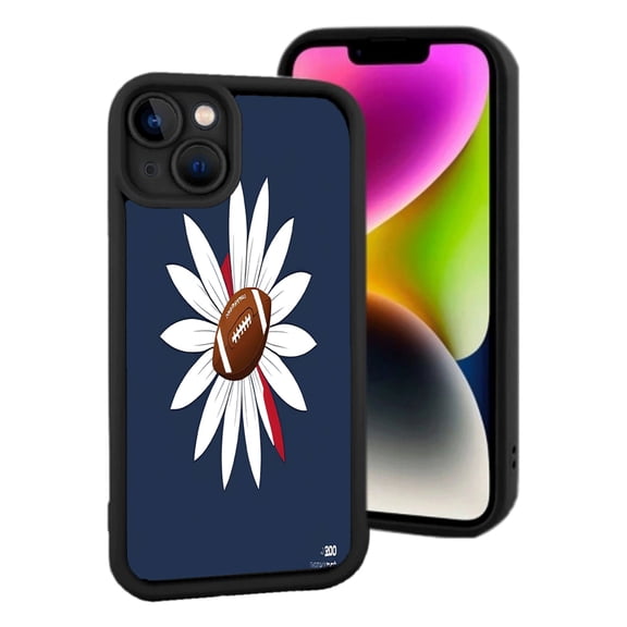 iPhone 15 Lightweight Phone Case - Dark Blue Background with White Flower Design & Brown Football ' ATHLETES ' - Yellowing Resistant