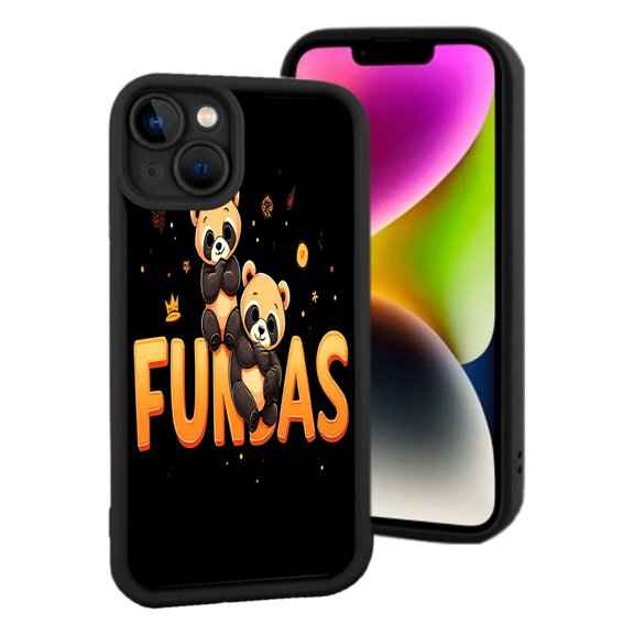 iPhone 15 Lightweight Phone Case - Fun Cartoon Pandas Vibrant ' FUNBAS ' Design Stars & Crown Yellowing Resistant Black Border