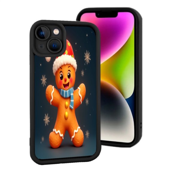 iPhone 15 Lightweight Phone Case - Gingerbread Man with Santa Hat & Scarf Snowflakes Design Yellowing Resistant Black Border