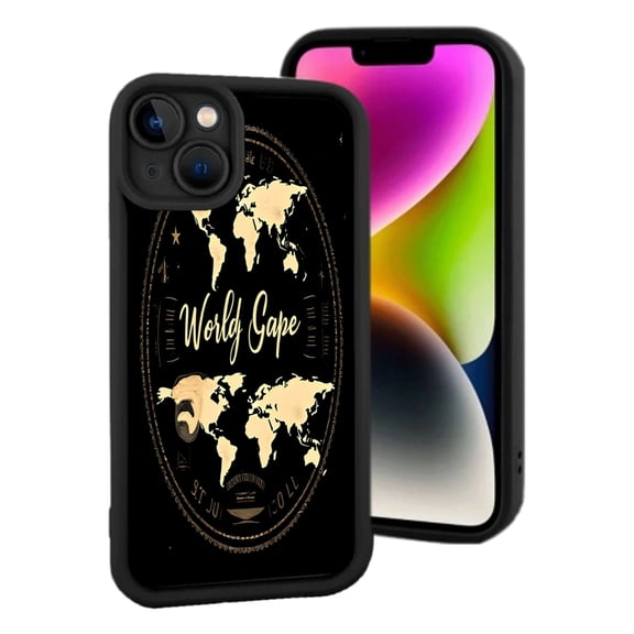 iPhone 15 Lightweight Phone Case - Gold World Map Design on Black Yellowing Resistant Stylish Circular Emblem EST 2011 & 2021