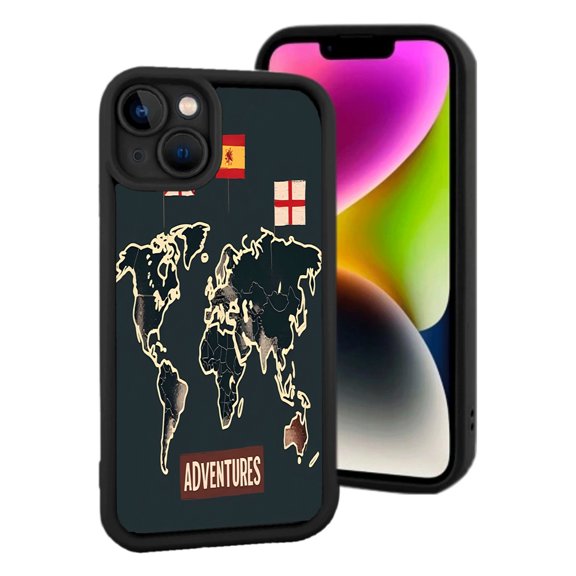 iPhone 15 Lightweight Phone Case - World Map Design with Spain Flags ' ADVENTURES ' Text Yellowing Resistant