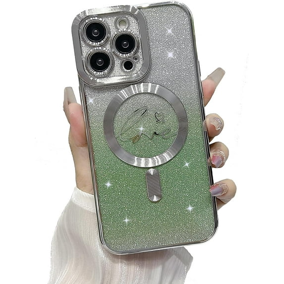 for iPhone 15 Magnetic Case Compatible with MagSafe, Luxury Love Heart Pattern Plating Clear Phone Case Camera Protection Glitter for Women Girls Shockproof Slim Back Bumper 6.1"-Green
