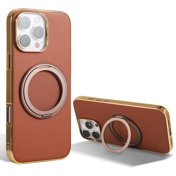for iPhone 15 Magnetic Case with Invisible Ring Stand [Compatible with Wireless Charging], Luxury PU Leather Slim Stand Shockproof Phone Cover for iPhone 15, Brown