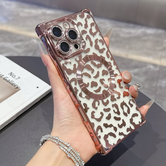 for iPhone 15 Magnetic Case, Luxury Leopard Print Pattern Plating Phone Case with Glitter Bling Lens Circle, Support Wireless Charging, Clear Shockproof Back Cover for Women Girls, Pink