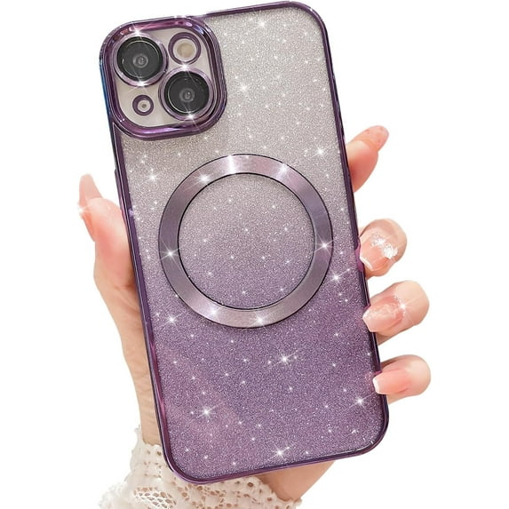 for iPhone 15 Magnetic Gardient Glitter Case, Plating Bling Cute Case Compatible with MagSafe for Women Girls Full Camera Protector Back Cover for iPhone 15 6.1 Inch Purple