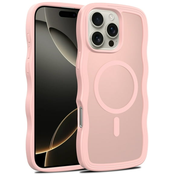 For iPhone 15 Magnetic Phone Case,Compatible with Mag-safe,Wavy Frame Cute Design for Girls Women,Translucent Matte Hard Back Shockproof Protective Lightweight Phone Case,Pink