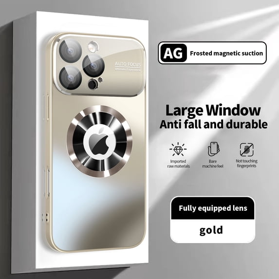 For iPhone 15 Magnetic Phone Case,Compatible With MagSafe,Logo View Design,With Camera Lens Film ,Anti-fall Shockproof Rugged Anti-Scratch Ultra Slim Phone Case Cover,Gold