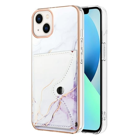 For iPhone 15 Marble Patterned Case with Card Holder, Back Folio Kickstand PU Leather + Soft Crystal Bumper Edge, Magnetic Clasp Back Cover For iPhone 15,Lightpurple