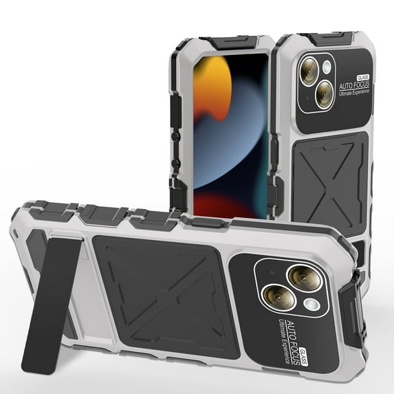 for iPhone 15 Metal Armor Case, Heavy Duty Shockproof Rugged Case with Built-in Glass Screen Protector, 360 Full Body DustProof Protective Cover for iPhone 15 6.1 inch, Silver
