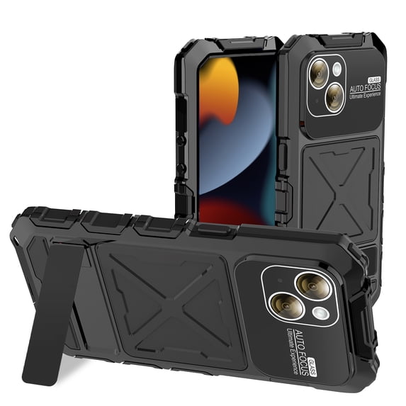 for iPhone 15 Metal Armor Case, Heavy Duty Shockproof Rugged Case with Built-in Glass Screen Protector, 360 Full Body DustProof Protective Cover for iPhone 15 6.1 inch, Black