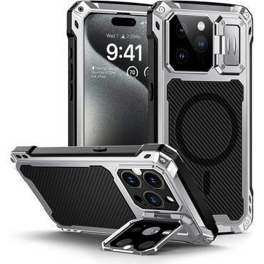 iPhone 15 Metal Case, [Built-in Camera Kickstand & Glass Screen Protector] Heavy Duty Protective Rugged Full Body Military Grade Shockproof Aluminum Magnetic Cover for iPhone 15 6.1" (Silver)