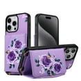 thumbnail image 1 of for iPhone 15 Mirror Wallet Case with Card Holder, Floral Flower Print Back Flip Folio PU Leather Kickstand Shoulder Strap / Wristlet Magnetic Clasp Cover for iPhone 15, Purple, 1 of 11