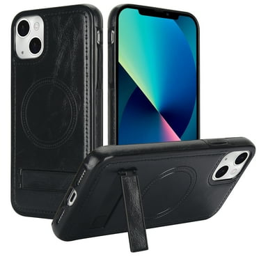 for iPhone 15 PU Leather Back Case, Built-in Invisible Stand [Compatible with Magsafe] Protective Slim Kickstand Anti-fall Phone Cover Compatible with iPhone 15, Black