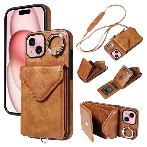 for iPhone 15 PU Leather Back + TPU Frame Rugged Case, Classic 360 Rotating Ring Kickstand Card Slots Shoulder Strap Drop Protective Slim Fit Shockproof Phone Case Cover, Brown