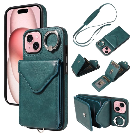 for iPhone 15 PU Leather Back + TPU Frame Rugged Case, Classic 360 Rotating Ring Kickstand Card Slots Shoulder Strap Drop Protective Slim Fit Shockproof Phone Case Cover, Green
