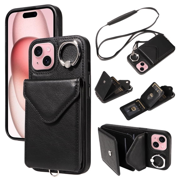for iPhone 15 PU Leather Back + TPU Frame Rugged Case, Classic 360 Rotating Ring Kickstand Card Slots Shoulder Strap Drop Protective Slim Fit Shockproof Phone Case Cover, Black