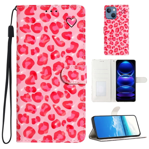 for iPhone 15 PU Leather Flip Case, Stylish Wrist Strap Kickstand Magnetic Card Slots Pattern Shockproof Protective Durable Portable Ultra Slim Phone Case for Men Women - Pink Leopard