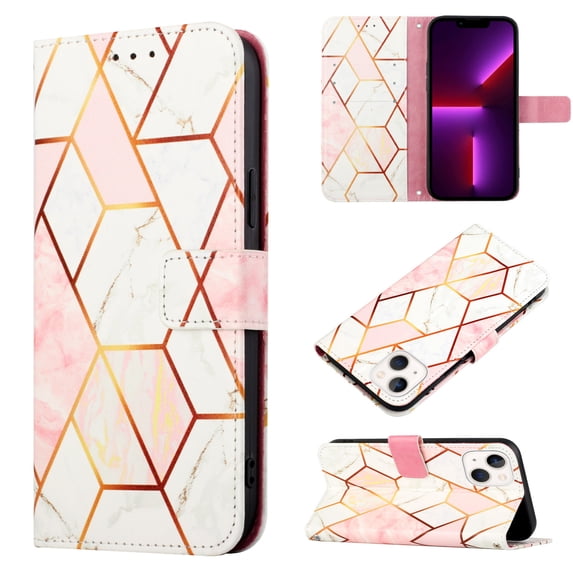 for iPhone 15 PU Leather Wallet case, Marble Pattern Credit Card Holder,Flip Folio Book Kickstand Cover Women Men with Long + Short Strap for iPhone 15 6.1 inch 2023, Pink White Grid Marble