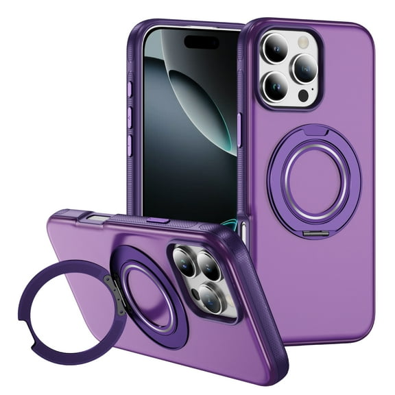 For iPhone 15 Phone Case,Built-in 360° Rotatable Ring Kickstand,Matte Frosted Translucent Back Design,Compatible with Mag-Safe,Shockproof Anti-Scratch Protection Phone Case,Purple