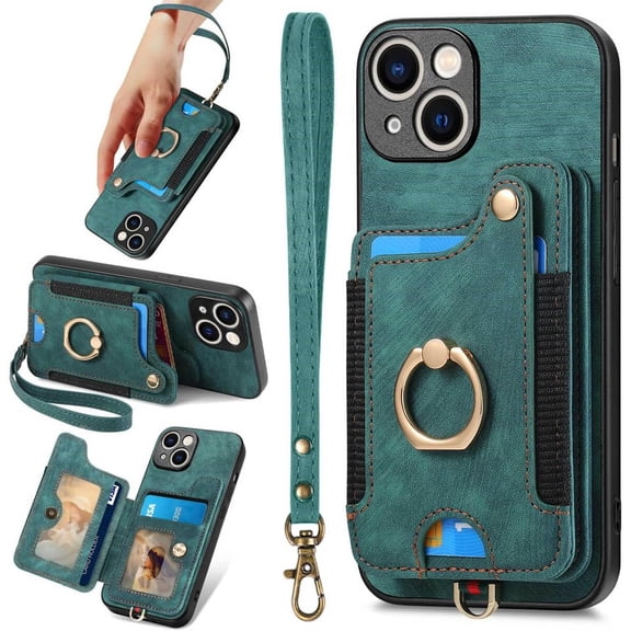 for iPhone 15 Phone Case Card Holder Wallet,Ring Holder Stand,RFID-Blocking,Wrist Strap,Camera Protector,Leather Protective Flip Cover Cases for iPhone 15 2023 (6.1", Green)