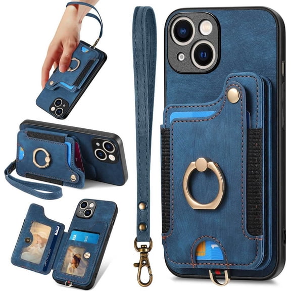 for iPhone 15 Phone Case,Card Holder Wallet,Ring Stand,RFID-Blocking,Wrist Strap,Camera Lens Protector,Leather Magnetic Protective Flip Cover Cases for iPhone 15 2023 (6.1", Blue)