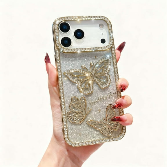 For iPhone 15 Phone Case,For Women Girls,Cute Luxury Sparkle Glitter Diamond Crystal Rhinestone Protective,Bling Diamond Butterfly,Ultra Slim Shockproof Drop Protection Phone Case,Gold