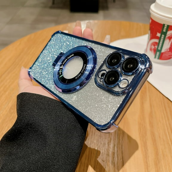 For iPhone 15 Phone Case,Logo View Design,Built-in Ring Kickstand,Lens Protector,Bling Gradient Glitter Back,Compatible with Mag-Safe,Shockproof Anti-fall Phone Case,Blue