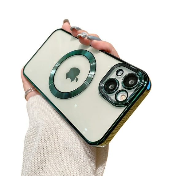 for iPhone 15 Phone Case Magnetic Clear Cover for Women Men,Slim Plating Bumper TPU Soft Protective Transparent Back for iPhone 15 Compatible with MagSafe Phone Case,Deep Green