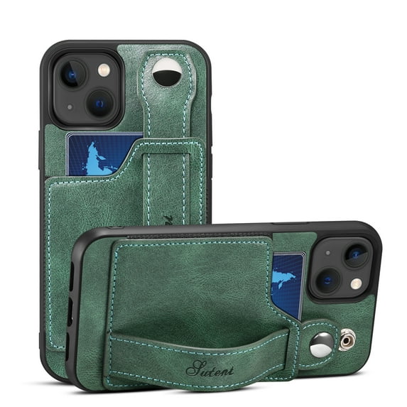 For iPhone 15 Phone Case Raised Edges Protection Adjustable Wrist Strap Design PU Leather Card Pocket Kickstand Luxury Shockproof Lightweight Phone Cover for iPhone 15,Green
