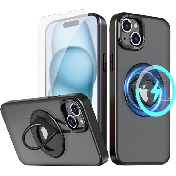 for iPhone 15 Phone Case with Tempered Glass Screen Protector Mag-Safe Wireless Charging 360° Rotatable Invisible Kickstand Bumpers Shockproof Protective Cover for Women Men Black