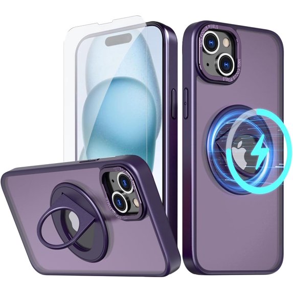 for iPhone 15 Phone Case with Tempered Glass Screen Protector Mag-Safe Wireless Charging 360° Rotatable Invisible Kickstand Bumpers Shockproof Protective Cover for Women Men Purple