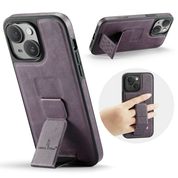 for iPhone 15 Phone Case, Vintage Magnetic Finger Hand Wrist Strap Kickstand Shockproof Protective PU Leather Thin Fit Anti-Scratch Cover Compatible with iPhone 15, Purple
