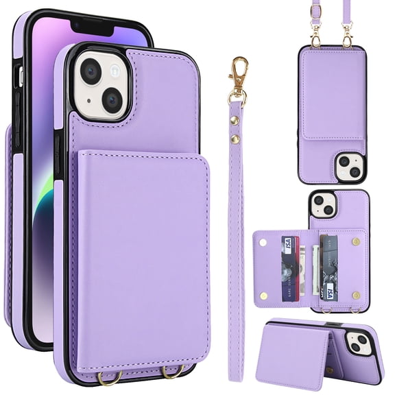For iPhone 15 Phone Case Wallet Card Holder,RFID Blocking PU Leather Back Magnetic Flip Kickstand Folio Case Wrist Lanyard & Crossbody Strap Protective Women Girls Cover,Violet