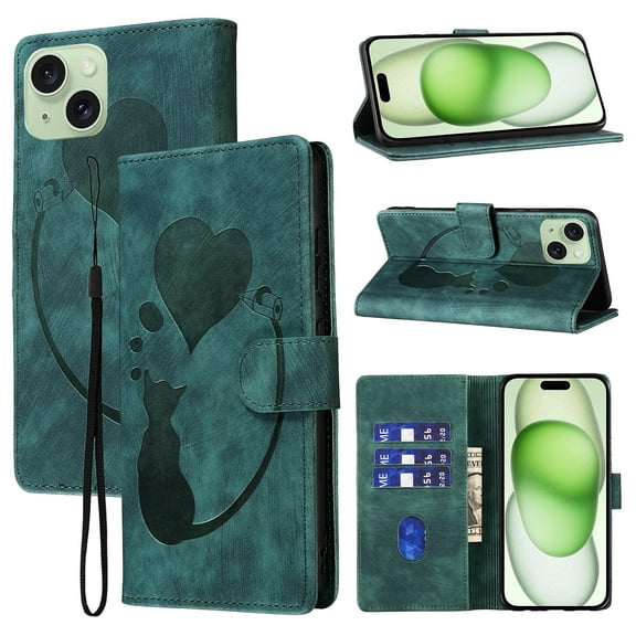 for iPhone 15 Phone Case Wallet Flip Cases,Cute Cat & Heart Patterned,Retro PU Leather Kickstand,Card Holder,Wrist Strap,Magnetic Closure,Shockproof Cover For iPhone 15, Green