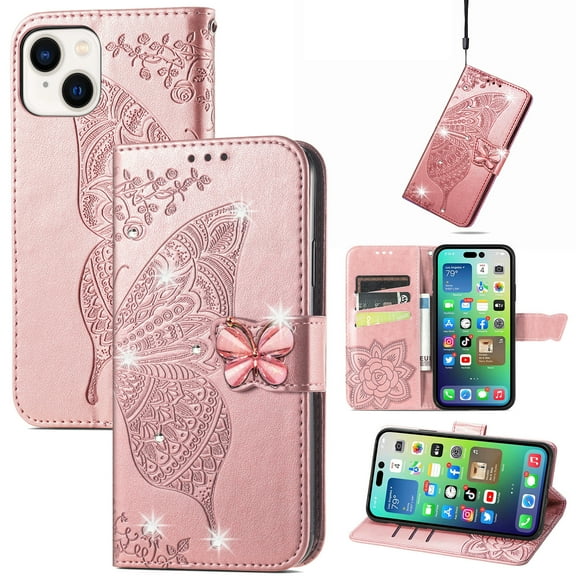 for iPhone 15 Phone Case Wallet, Women Flip Folio Cover with Credit Card Holders Diamond Emboss Butterfly Flower PU Leather Purse Wrist Strap Kickstand Case for iPhone 15, Rosegold