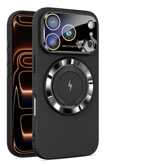 For iPhone 15 Phone Case,With Contractile Ring Kickstand,Compatible with Mag-Safe,Built-in Lens Protector,Anti-Scratch PU Leather Back,Shockrpoof Slim Anti-fall Drop Phone Case,Black